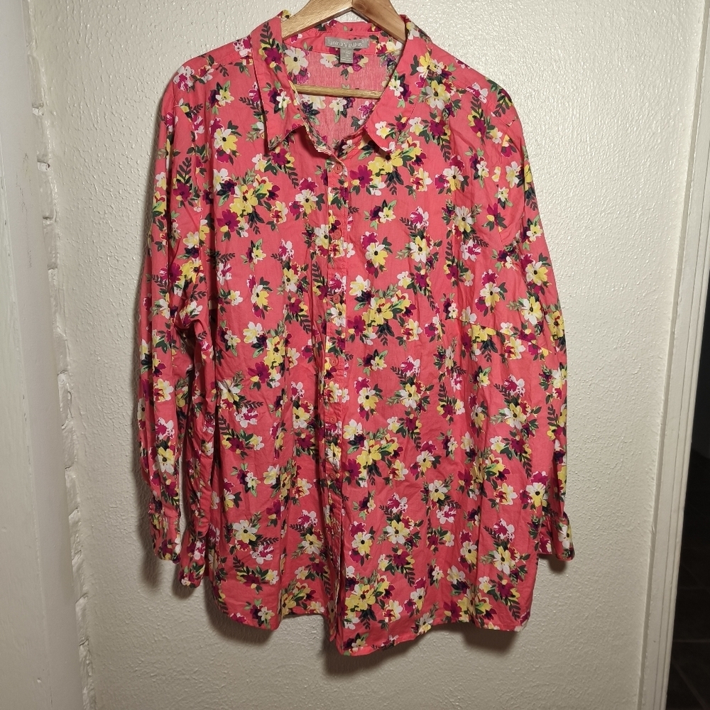 Woman Within 100% Cotton Button Down Blouse sz 3X Pink Yellow Floral Feminine